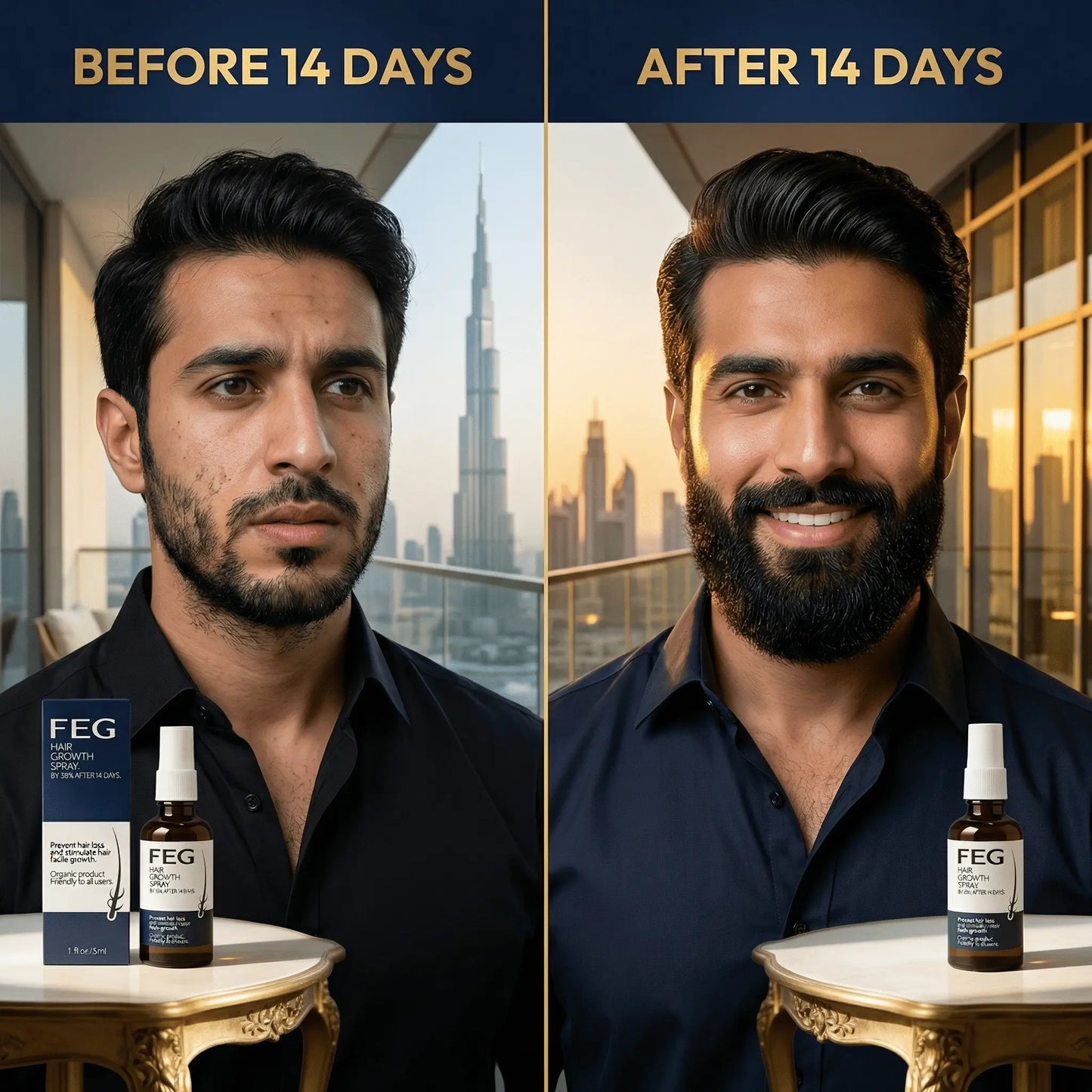 before after beard growth results using FEG serum UAE