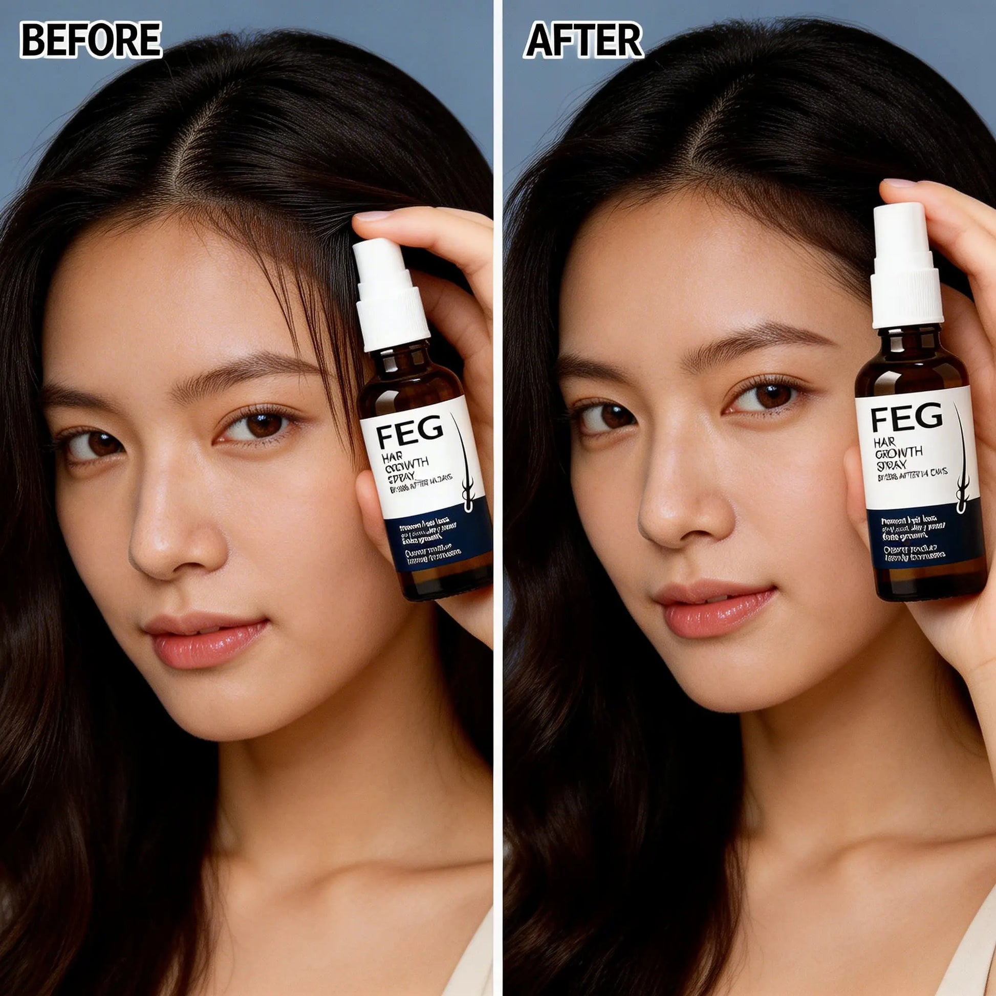 before after woman hair growth results using FEG serum UAE
