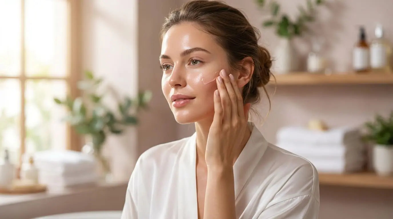 Applying niacinamide serum on face for acne and oily skin routine